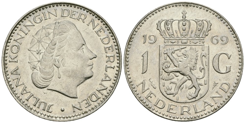 Нидерланды 1 гульден 1969 Юлиана (1948-1980) KM 184a никель 4579-526