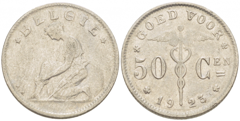 БЕЛЬГИЯ 50 САНТИМОВ 1923 BELGIE KM 88 никель 261-1135