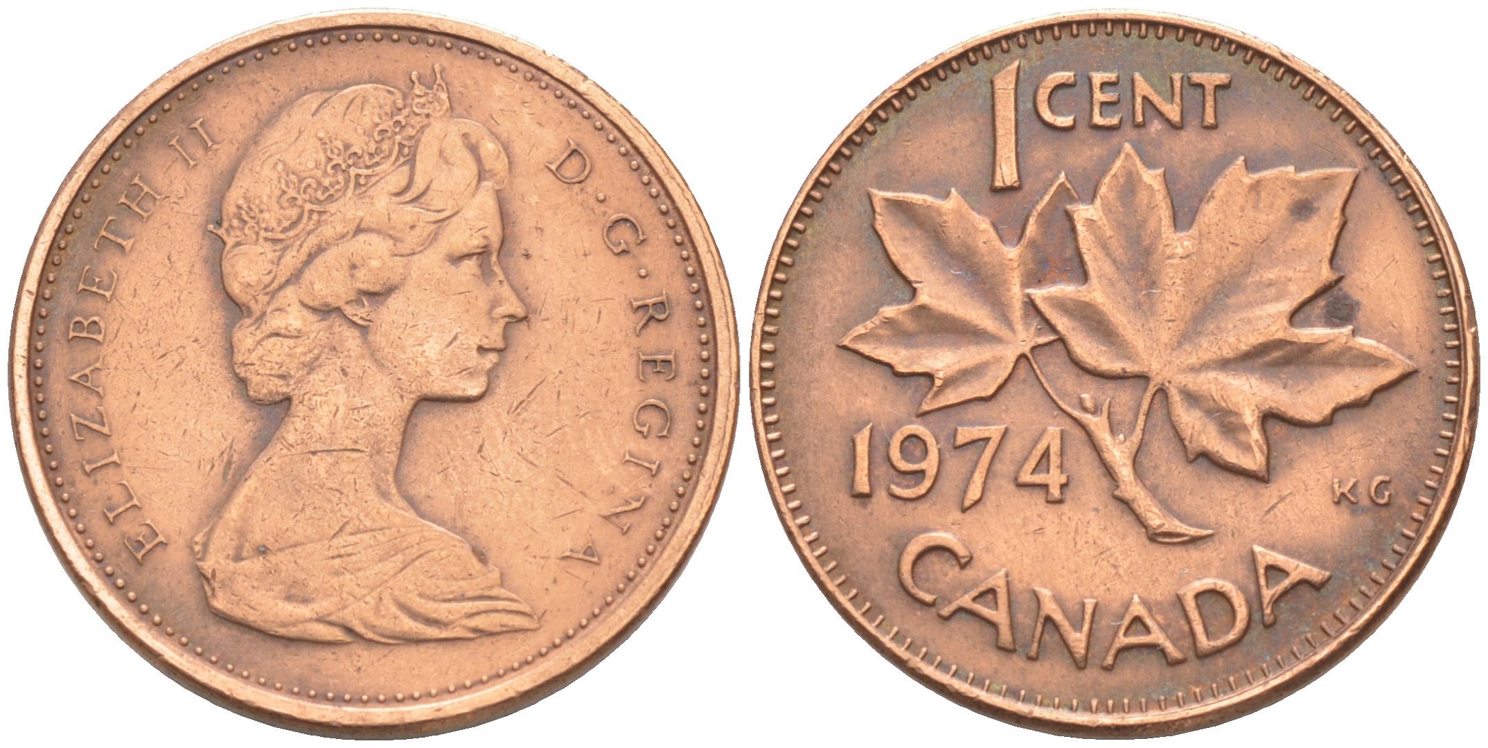 Канада 1 цент 1974 Елизавета II (1952-2022), кленовый лист KM 59.1 бронза 188-752