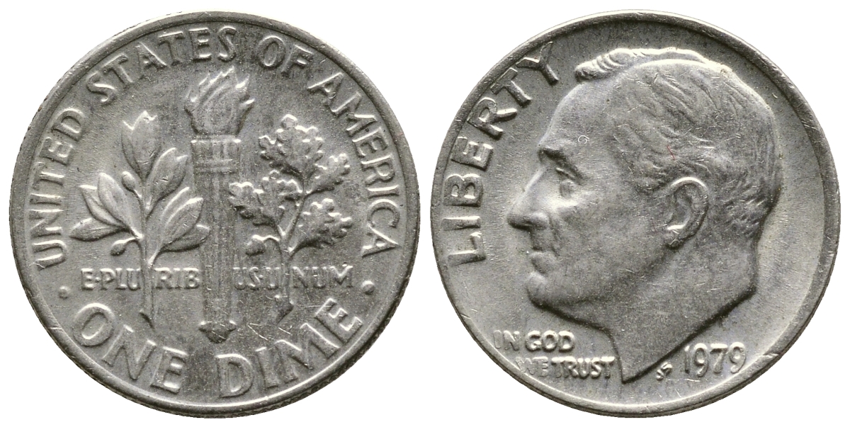 США 10 ЦЕНТОВ = 1 ДАЙМ 1979 РУЗВЕЛЬТ KM 195а медь плакированная медно-никелем 73-1768