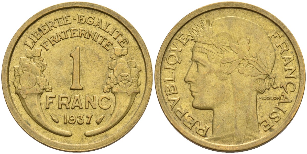 Франция 1 франк 1937 KM 885, Le Franc 219.2 алюминиевая бронза 4142-844