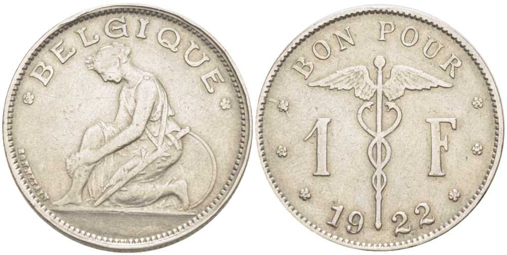 Бельгия 1 франк 1922 Belgique, Альберт I (1910-1934) KM 89 никель 202-914