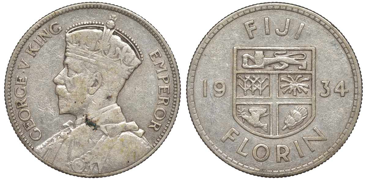 Фиджи 1 флорин 1934 Георг V (1910-1936), герб Фиджи KM 5 серебро    91-1122