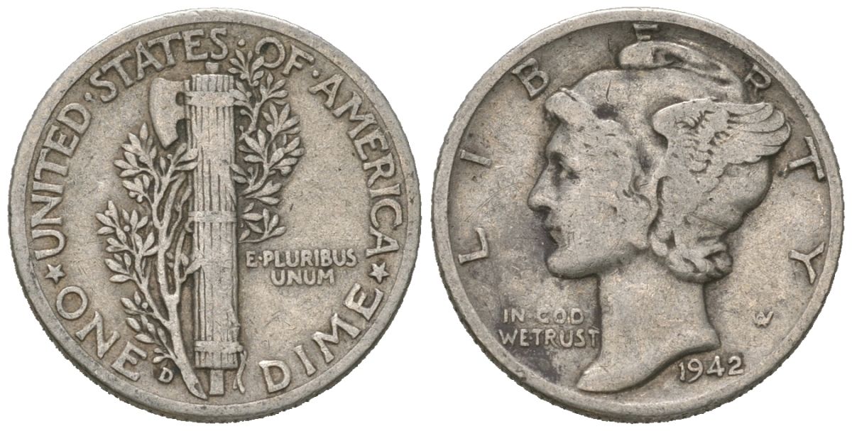 США 10 центов (дайм) 1942 D KM 140 серебро 3334-1254