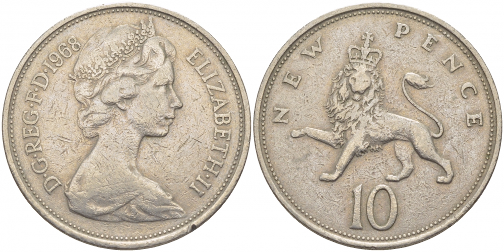 Великобритания 10 пенсов 1968 Елизавета II (1952-2022) KM 912, Spink 4231 (F1) медно-никель 114-1122