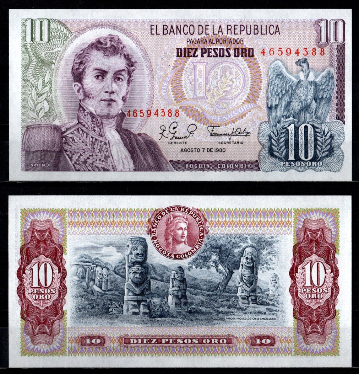 Колумбия 10 песо 1980 Pick 407 g бумага UNC (пресс) 7191-55-3-1