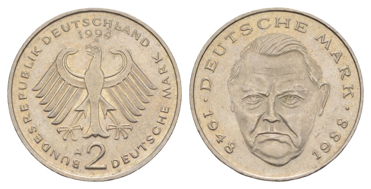 ФРГ 2 марки 1994 A, Людвиг Эрхард, 40 лет Федеративной Республике (1948-1988) KM 170 медно-никель 4628-1121