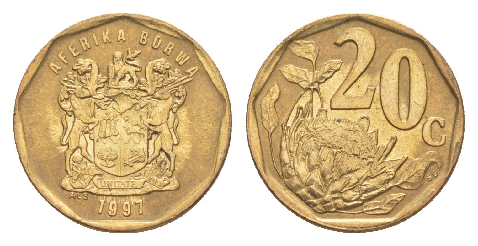 ЮАР 20 центов 1997 герб, цветок протея KM 162 сталь плакированная бронзой 4618-558
