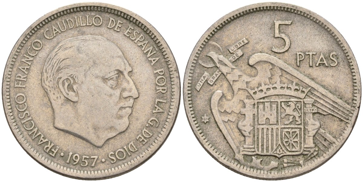 Испания 5 песет 1957 (67) Франсиско Франко (1939-1975) KM 786 медно-никель 4155-546