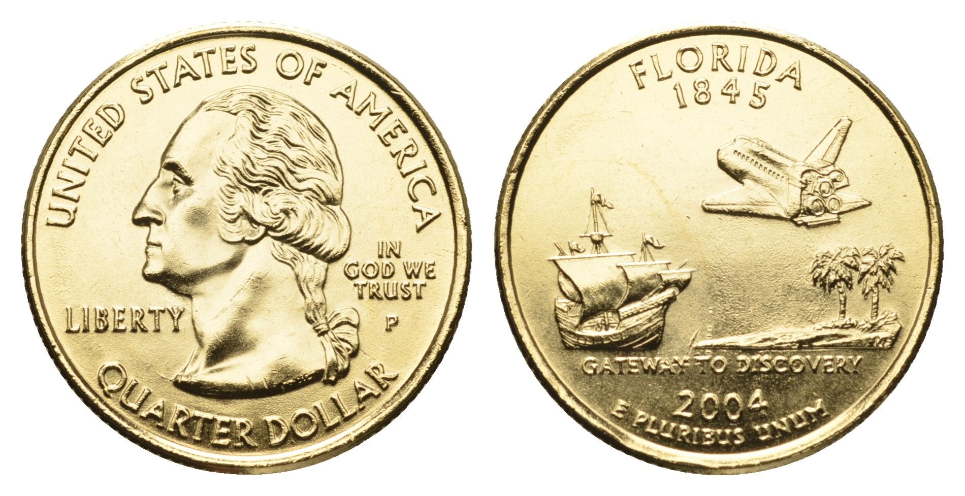 США 1/4 доллара (25 центов) 2004 Квотер штата Флорида KM 356 медь плакированная золотом UNC 11-117-57