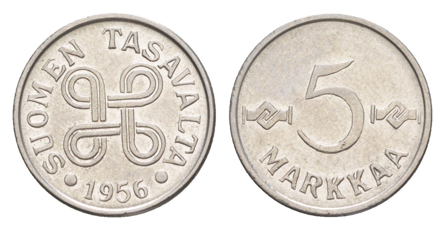 Финляндия 5 марок 1956 KM 37a железо плакированное никелем 4647-444