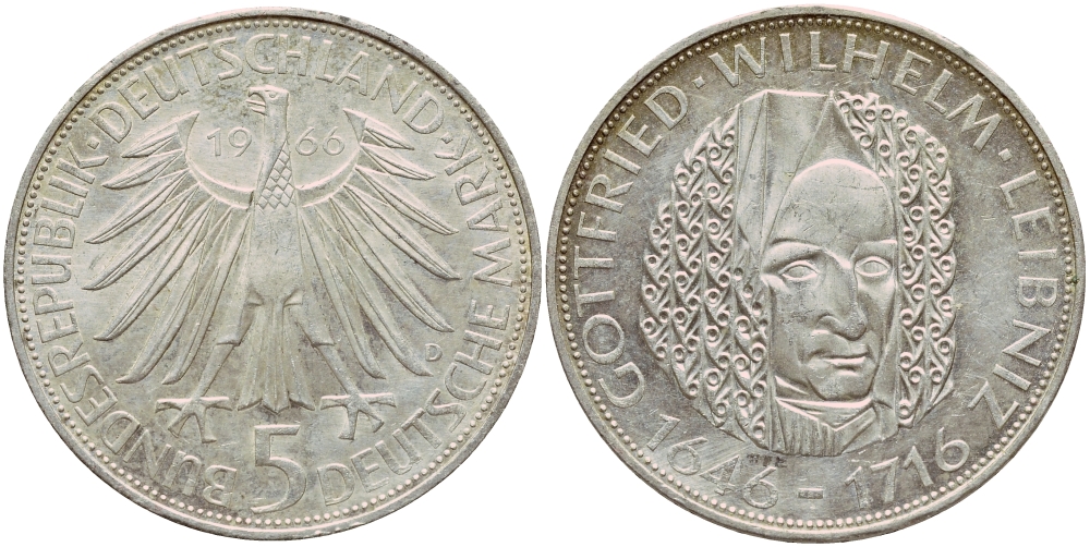 ФРГ 5 марок 1966 D, 250 лет со дня смерти Готфрида Вильгельма Лейбница J. 394, KM 119.1 серебро aUNC 1529-132
