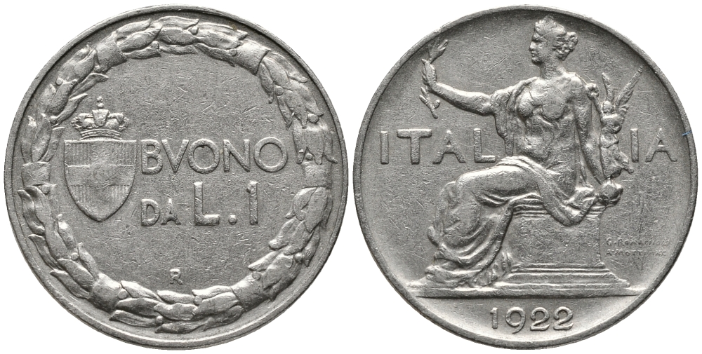 ИТАЛИЯ 1 ЛИРА 1922 R, ВИКТОР ИМАНУИЛ III (1900-1946) KM 62 никель 34-1236