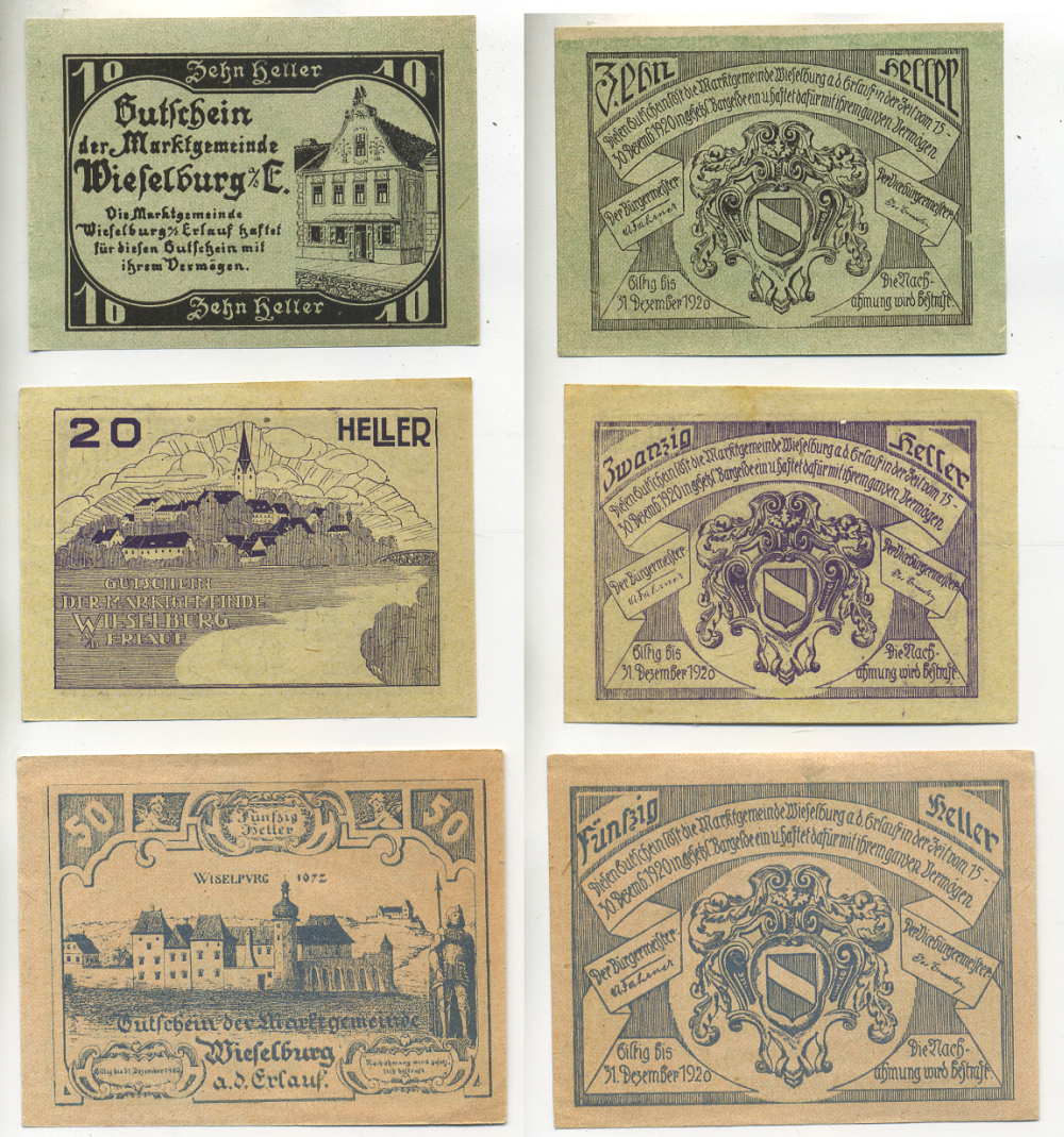 Австрия набор из 3 банкнот 1920 15 декабря 1920-30 декабря 1920, нотгельд, 10, 20, 50 геллеров, WIEFELBURG am der ERLAUF   бумага  XF 7555-6-4-1