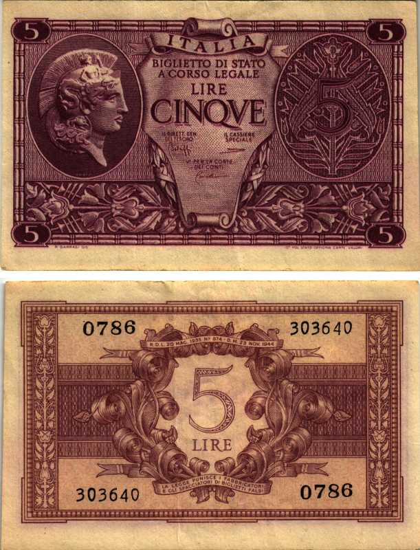 Италия 5 лир 1944 23 ноября 1944 Афина в шлеме, signatures: BoLaffi / CavalLaro / Giovinco Pick 31c, Grapanzano BS 31 8518-38-3-1