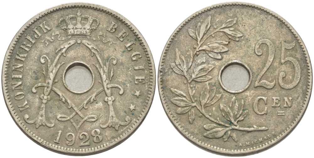 БЕЛЬГИЯ 25 САНТИМОВ 1928 BELGIE, АЛЬБЕРТ I (1909-1934) KM 69 медно-никель 119-346