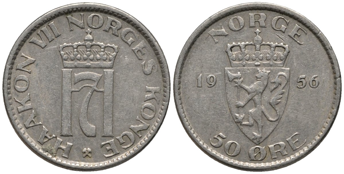 Норвегия 50 эре 1956 Хокон VII (1905-1957) KM 402 медно-никель 4577-747