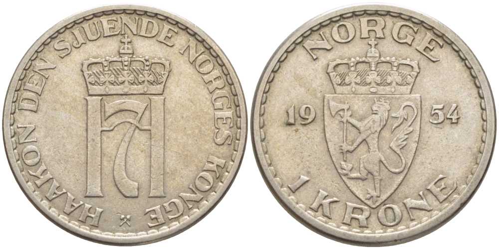 НОРВЕГИЯ 1 КРОНА 1954 ХОКОН VII (1905-1957) KM 397.2 медно-никель 119-941