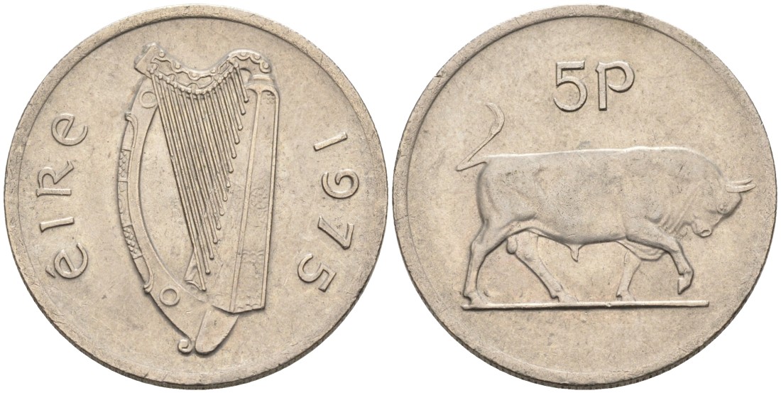 Ирландия 5 пенсов 1975 бык KM 22 медно-никель 4561-1153