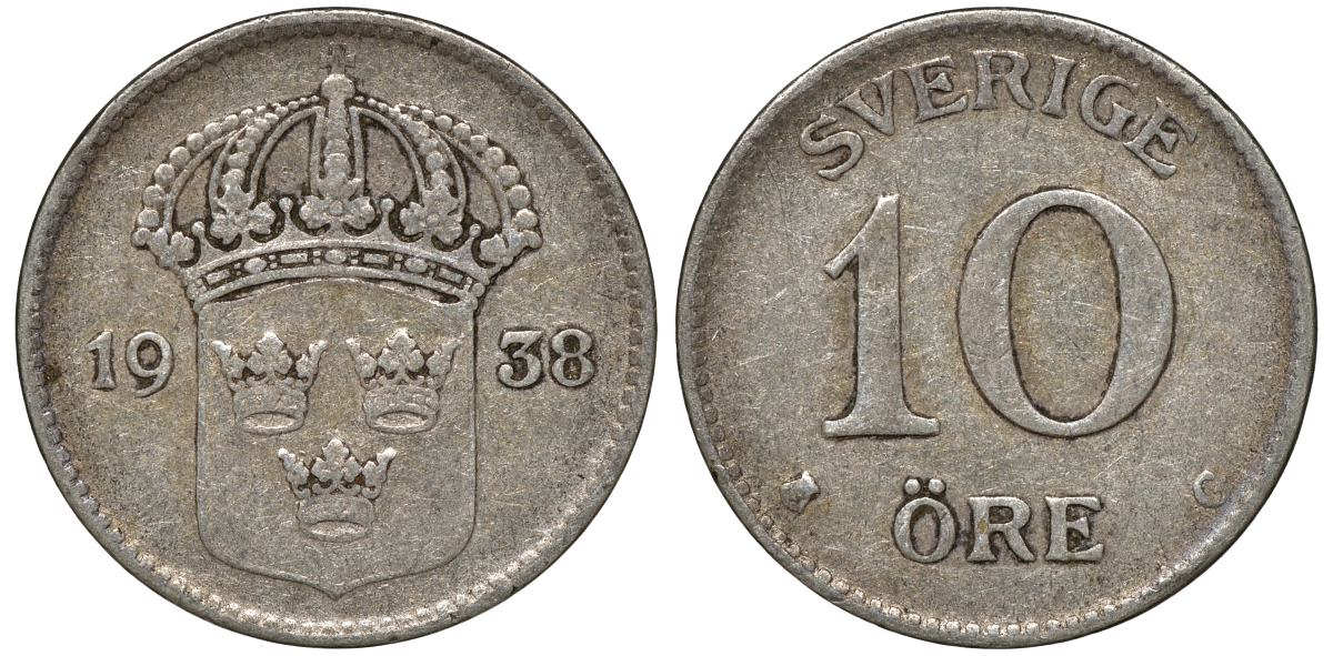 Швеция 10 эре 1938 G, Густав V (1907-1950) KM 780 серебро 4179-626