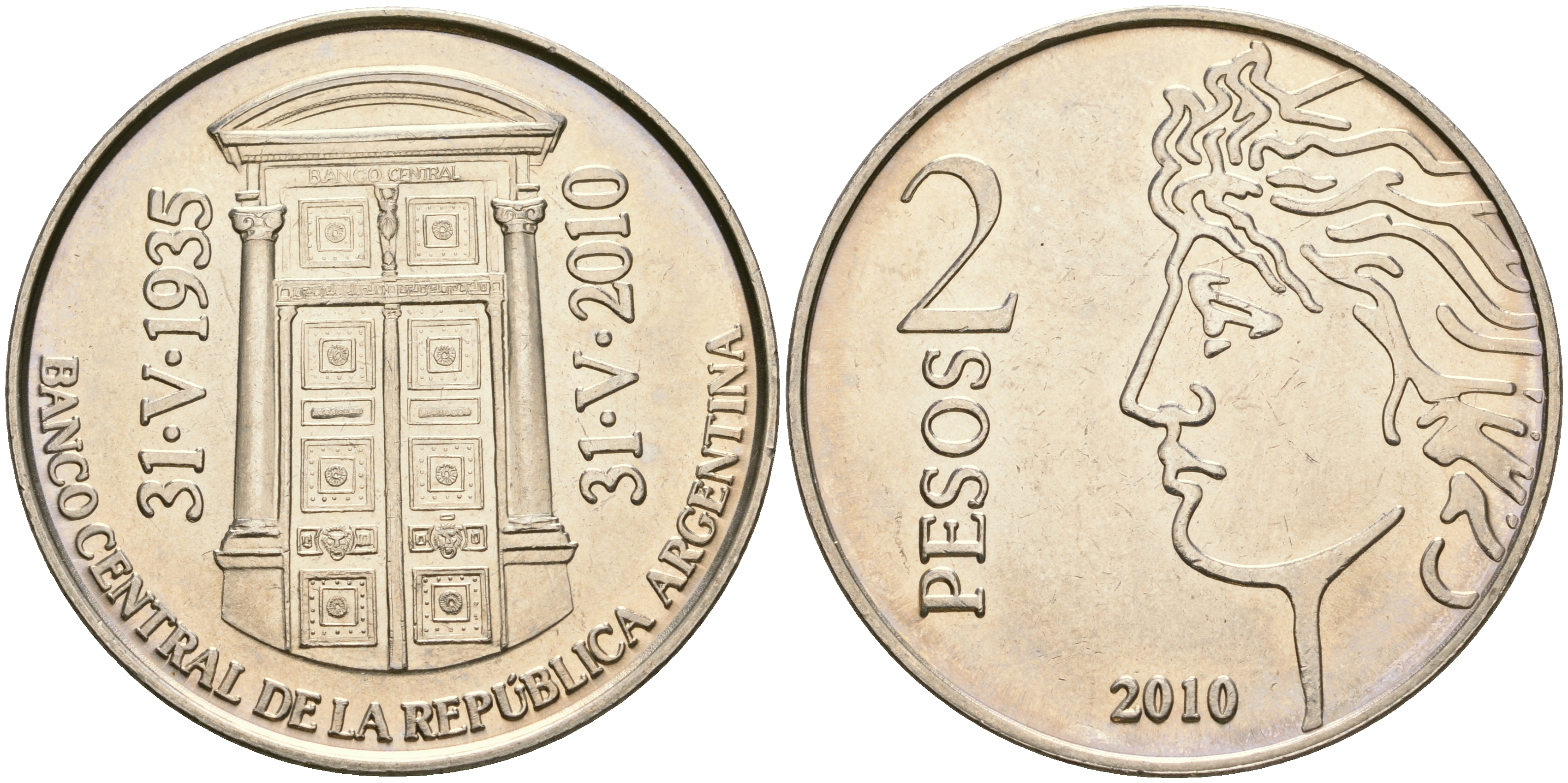 Аргентина 2 песо 2010 75 лет Центральному Банку KM 162 медно-никель UNC 4607-631