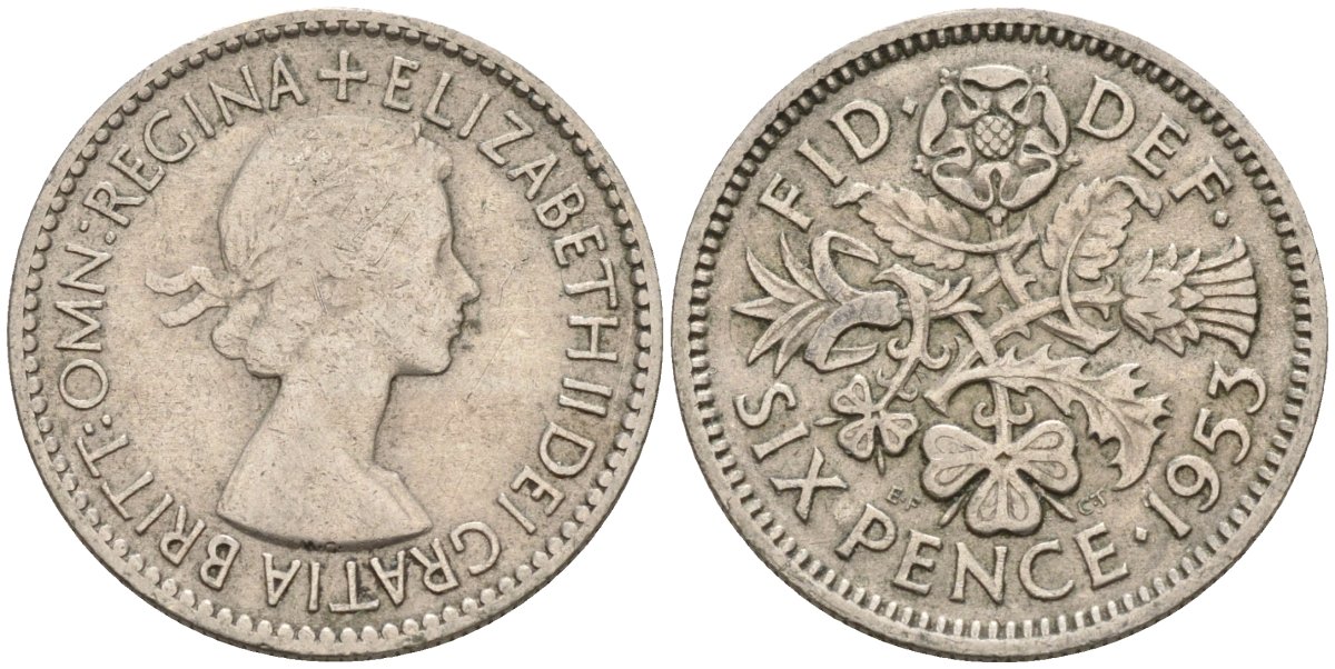 Великобритания 6 пенсов 1953 Елизавета II (1952-2022) KM 889, Spink 4141 медно-никель 4596-1035