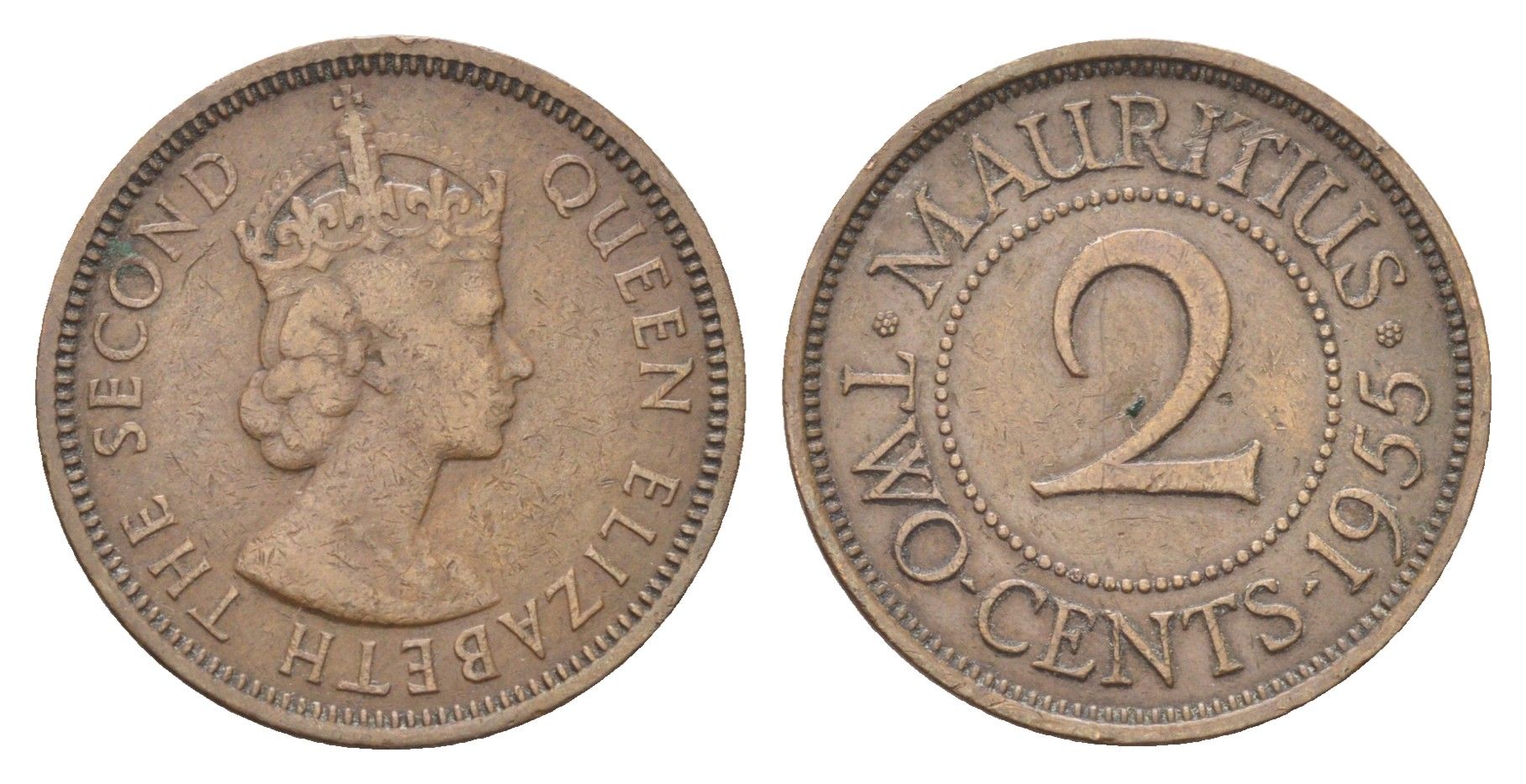 Маврикий 2 цента 1955 Елизавета II (1952-2022) KM 32 бронза 4706-721