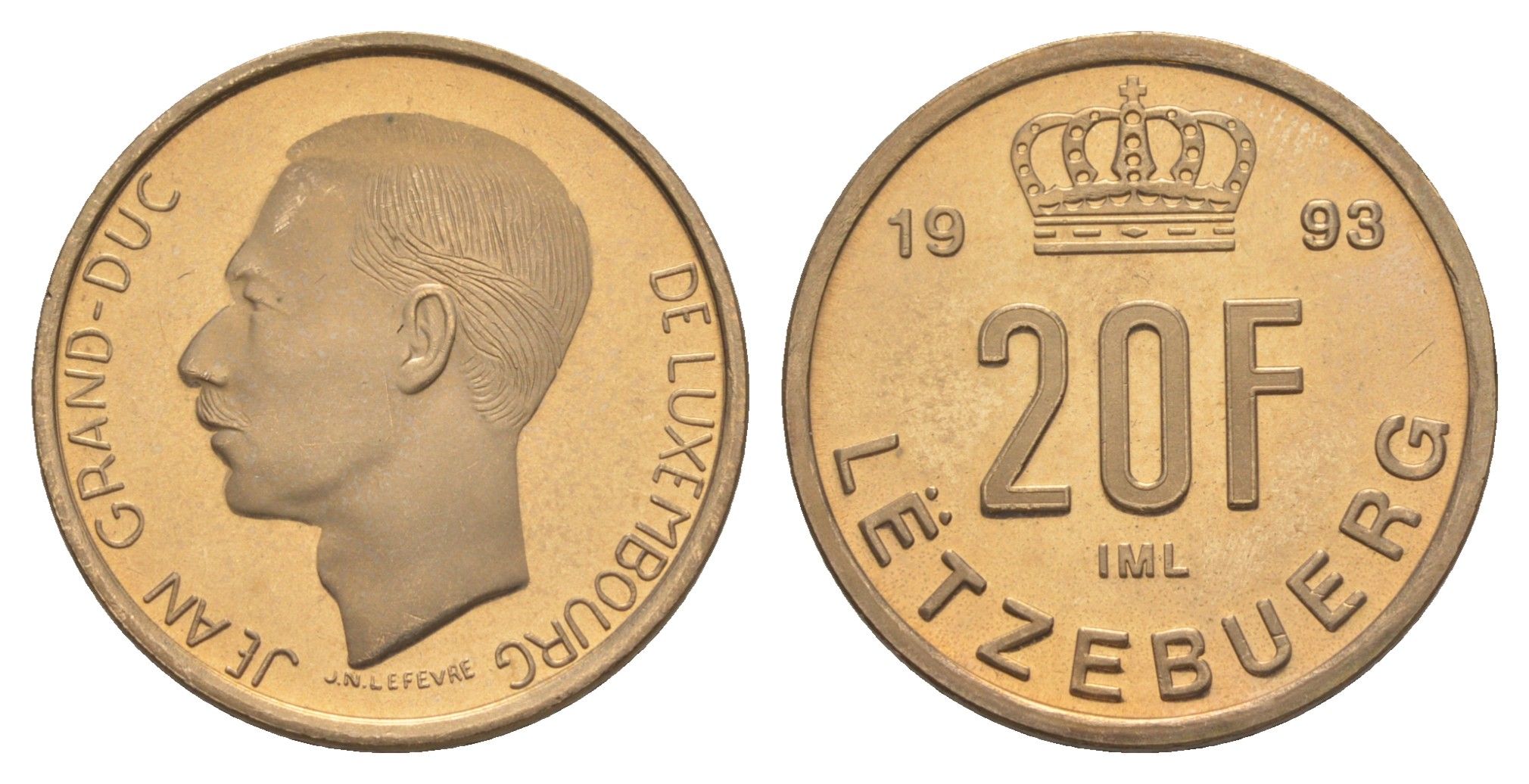 Люксембург 20 франков 1993 Великий герцог Жан (1964-2000), тираж 9.500 экземпляров KM 67 алюминиевая бронза BU 4178-732