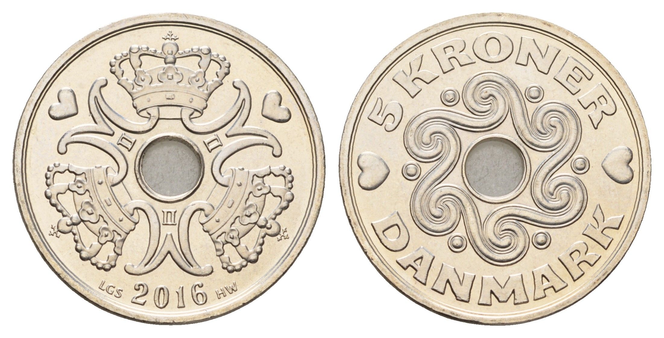 Дания 5 крон 2016 Маргрете II (1972-2024) KM 869 медно-никель UNC 119-117