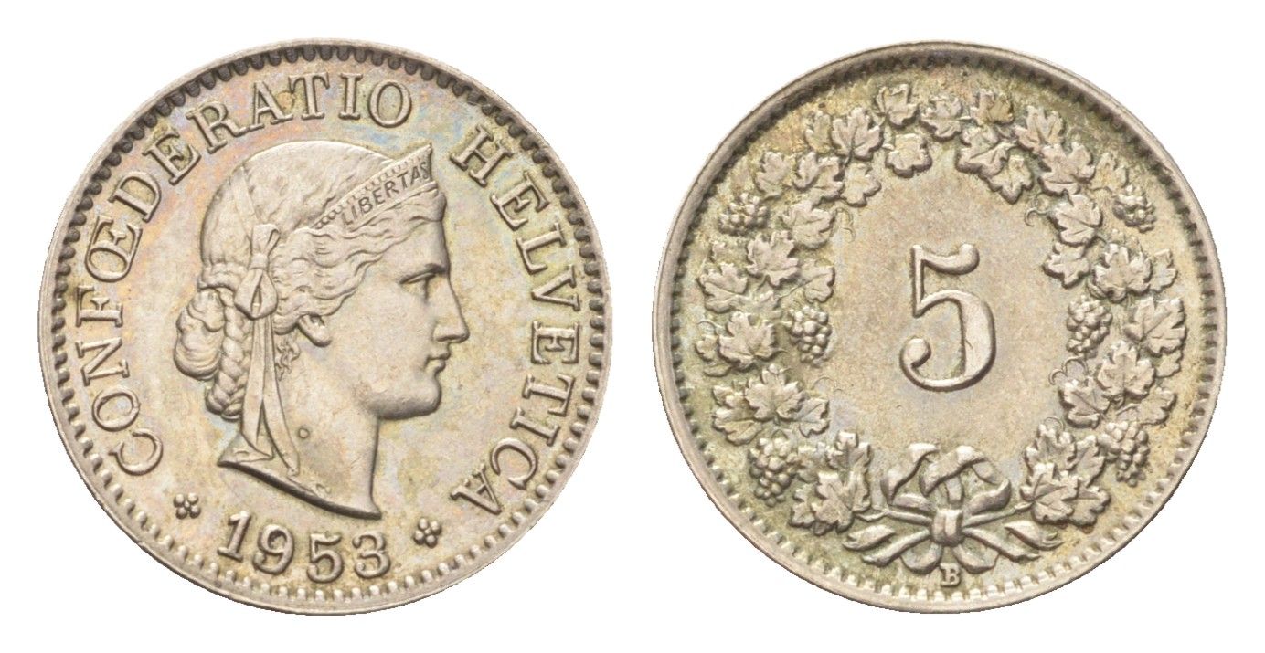 Швейцария 5 раппенов 1953 B KM 26 медно-никель 4705-1246