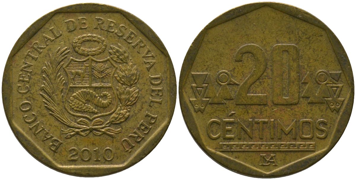 Перу 20 сентимо 2010 LIMA KM 306.4, Schon 105 латунь 4543-1221