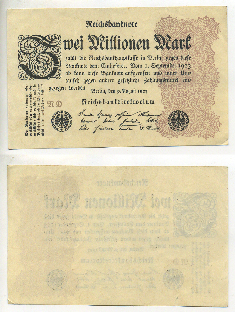 Германия 2000000 марок 1923 9 августа 1923, водяной знак L, серия RD Pick 104 b, Rosenberg 103 c бумага 7217-69-2-2