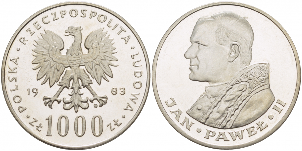 Польша 1000 злотых 1983 MW, визит папы Иоанна Павла II в Польшу KM 144, Parchimowicz 337b серебро UNC 1084-7-15