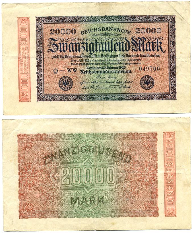 ГЕРМАНИЯ 20000 МАРОК 1923 20 ФЕВРАЛЯ 1923, ВОДЯНОЙ ЗНАК Е, В ЗВЁЗДАХ G/D Pick 85b бумага 7547-84-1