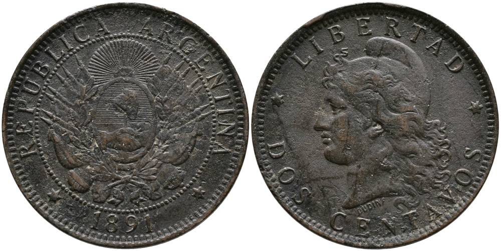 Аргентина 2 сентаво 1891 голова свободы влево KM 8 бронза 4531-1036