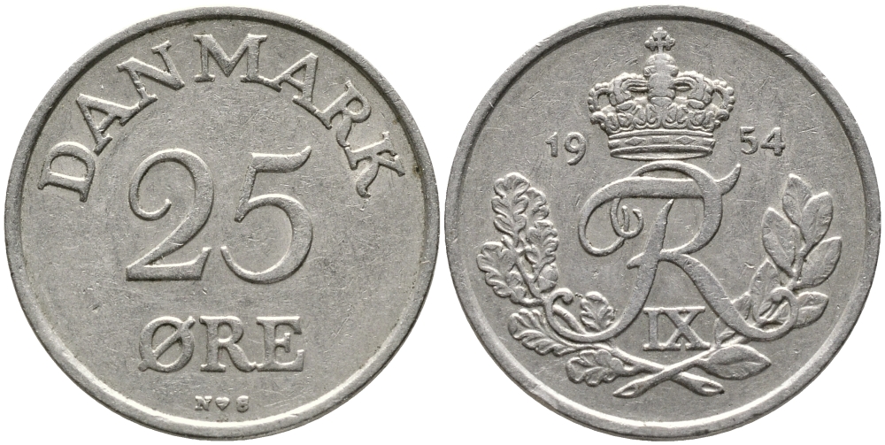 Дания 25 эре 1954 N; S, Фредерик IX (1947-1972) KM 842.1 медно-никель 28-1117