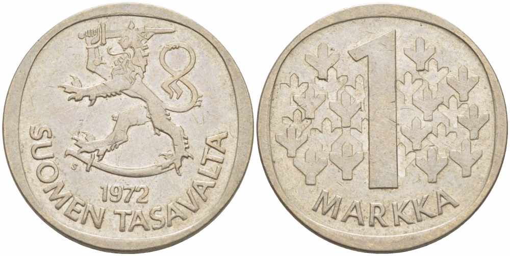 ФИНЛЯНДИЯ 1 МАРКА 1972 S KM 49а медно-никель 3718-724