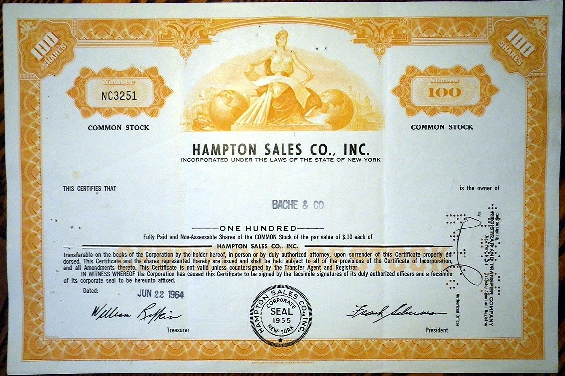 США, Hampton Sales Co., Inc 100 акций 1964 бумага 8802-81-1