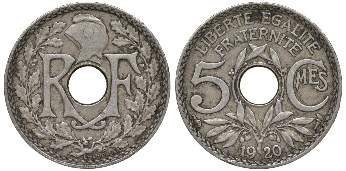 Франция 5 сантимов 1920 KM 865 медно-никель 4164-263