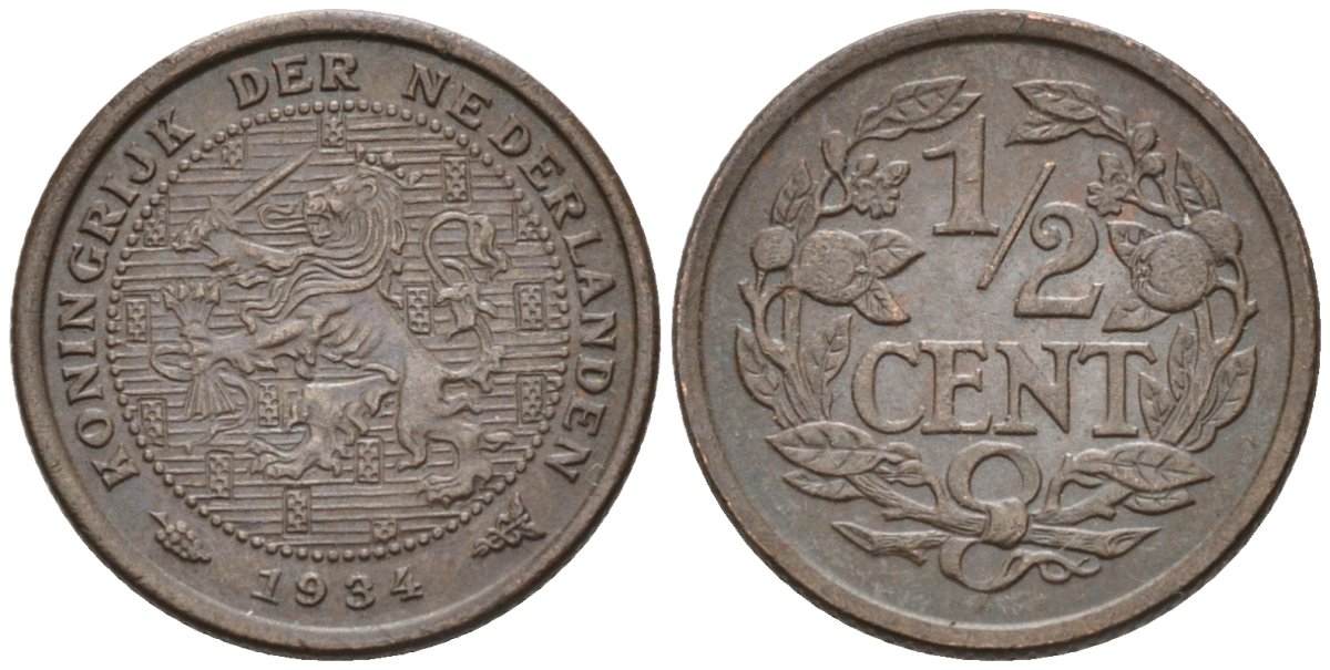 Нидерланды 1/2 цента 1934 Вильгельмина (1890-1948) KM 138 бронза 4576-418