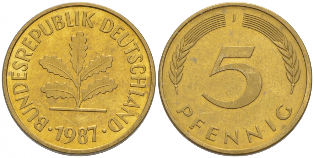 ФРГ 5 ПФЕННИГОВ 1987 J KM 107, J. 382 сталь плакированная латунью 3996-1213