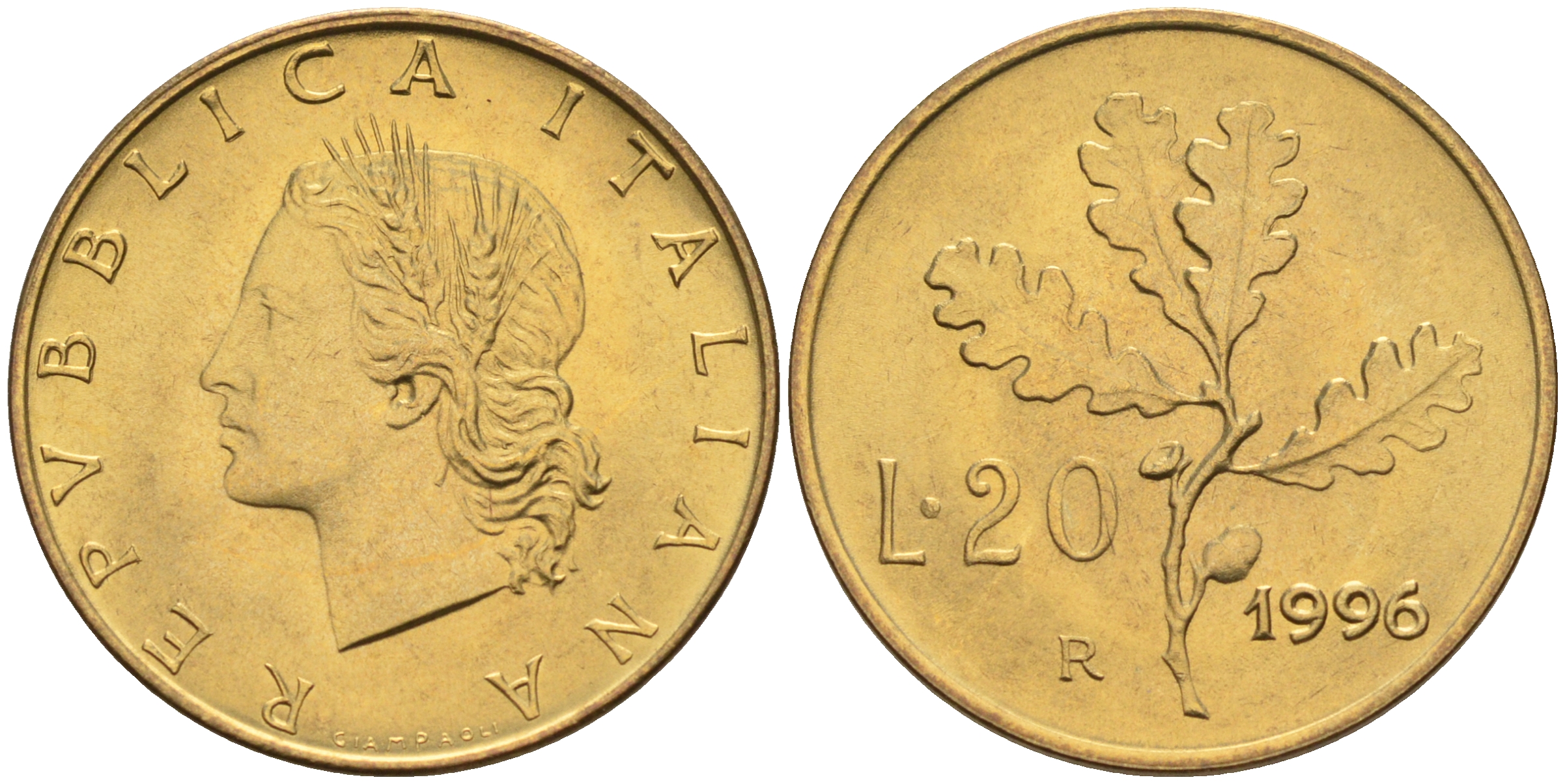 Италия 20 лир 1996 R, дубовый лист KM 97.2 алюминиевая бронза  UNC  4594-1046
