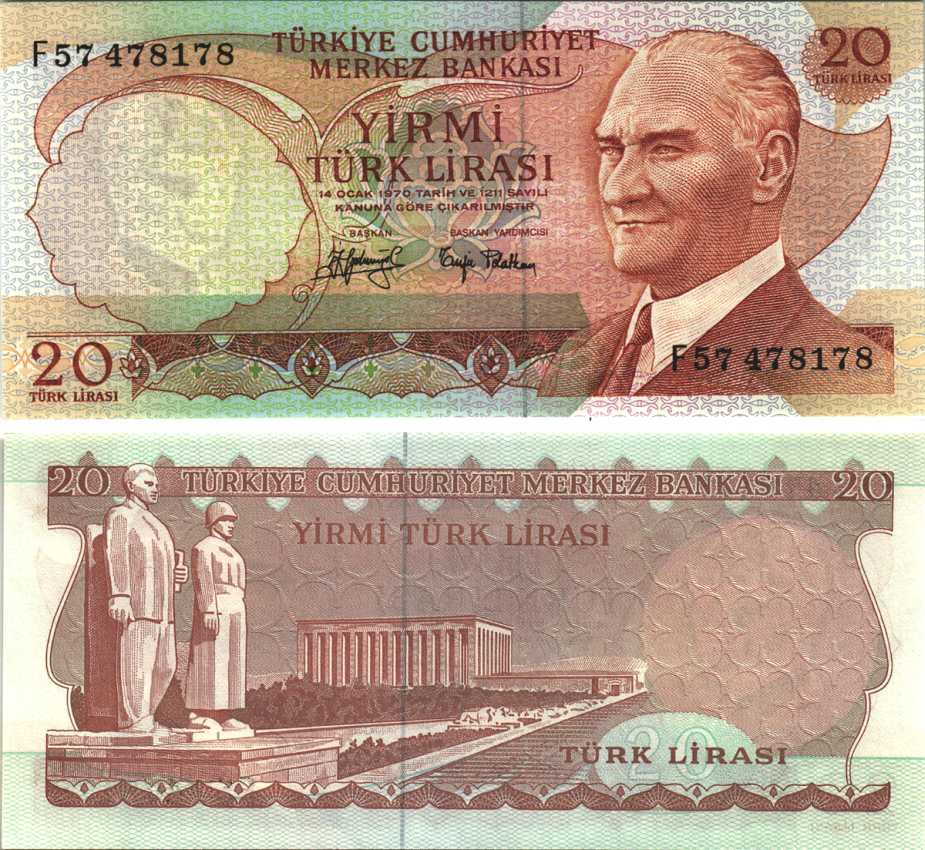 ТУРЦИЯ 20 ЛИР 1974 ЧЕРНАЯ ПОДПИСЬ, ПРЕЗИДЕНТ КЕМАЛЬ АТАТЮРК, МАВЗОЛЕЙ АТАТЮРКА В АНКАРЕ Pick 187а бумага UNC (ПРЕСС) 6289-37-1-1