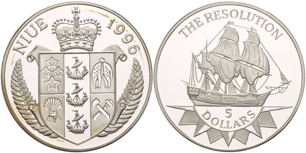 Ниуэ 5 долларов 1996 парусник Резолюшен, один их кораблей Джеймса Кука KM 114 серебро PROOF 1081-7-33