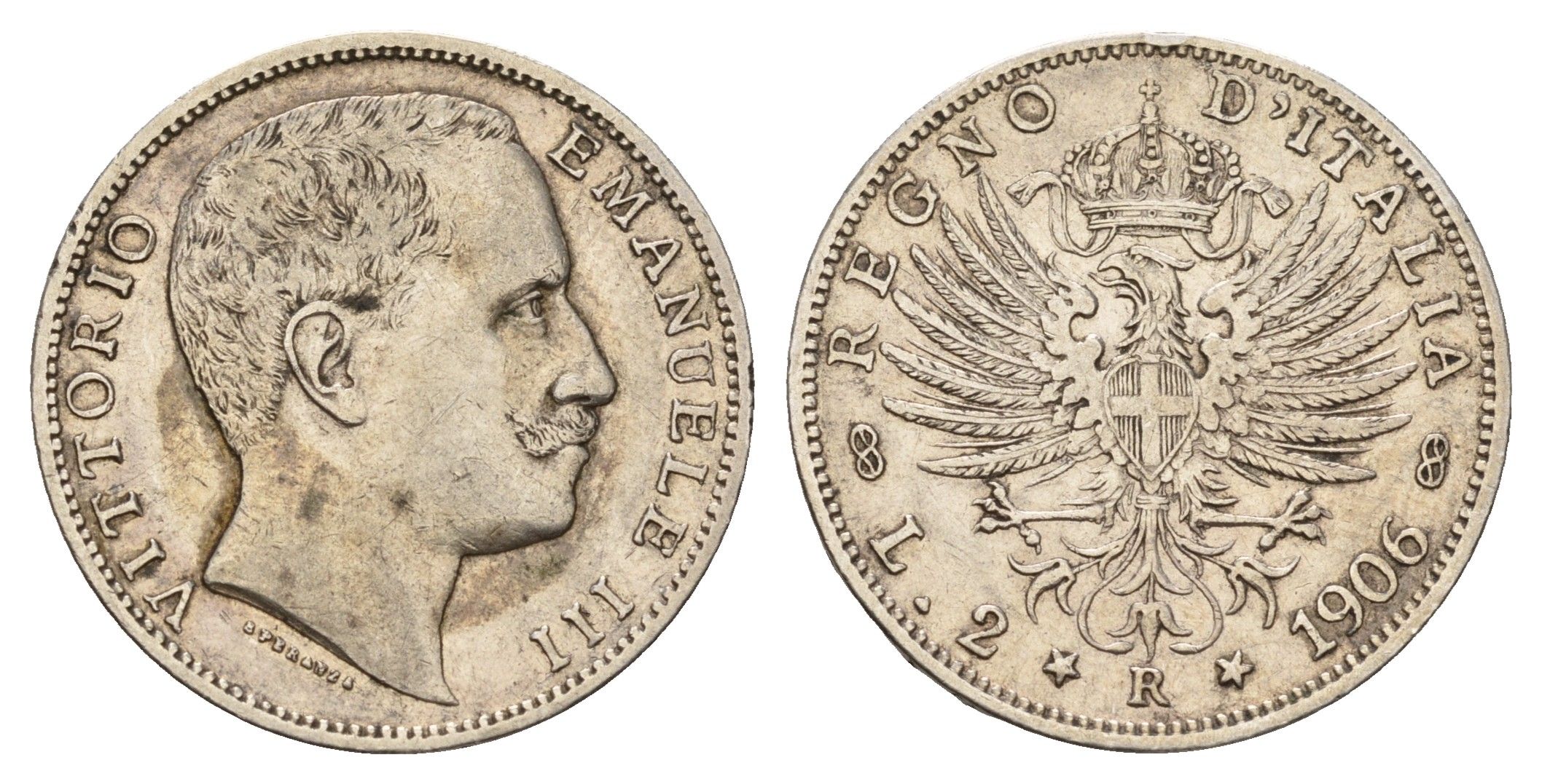 Италия 2 лиры 1906 R, Виктор Эммануил III (1900-1946) KM 33 серебро 413-2125