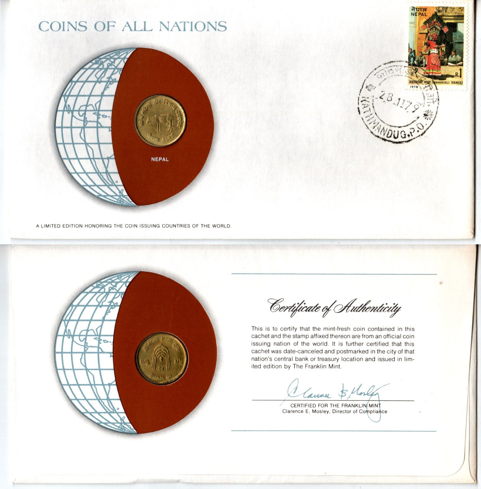 Непал 10 пайс 1971 ФАО, конверт с маркой первого дня гашения, Coins of Nations KM 766 латунь UNC 4294-63-2