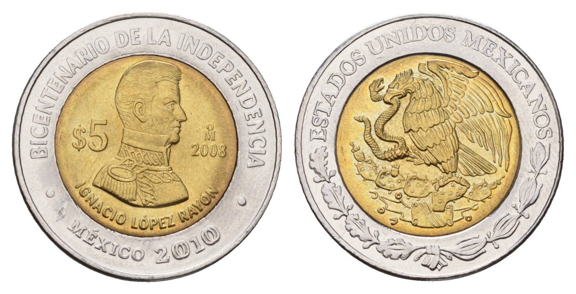 Мексика 5 песо 2008 Двухсотлетие независимости - Игнасио Лопес Район KM 894 биметалл UNC 216-1116