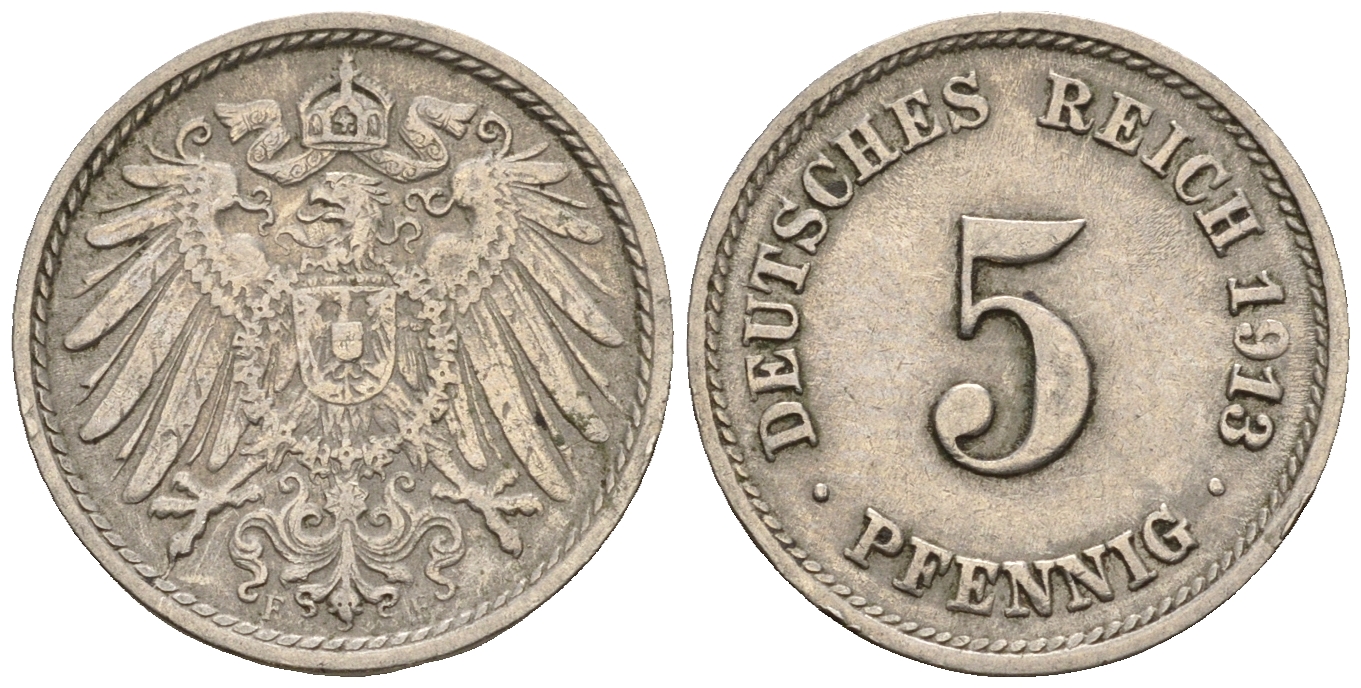 Германия 5 пфеннигов 1913 F, KM 11, J. 12 медно-никель 220-653