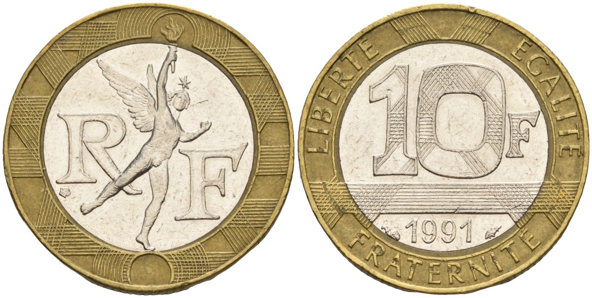 Франция 10 франков 1991 тип гений Бастилии KM 964.1, Le Frank 375.6 биметалл 4606-717