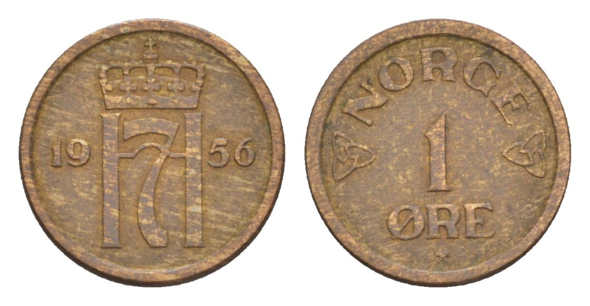 Норвегия 1 эре 1956 Хокон VII (1905-1957) KM 398 бронза aUNC 4632-1067